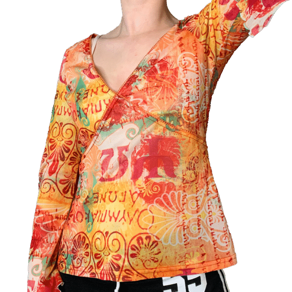 Orange patterned mesh top
