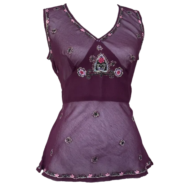 Top pourpre transparent à broderie