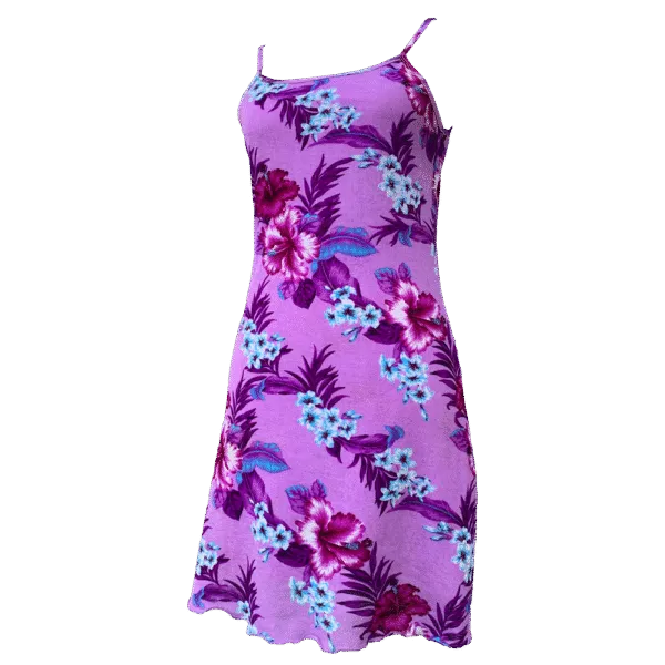 Purple dress with tropical flower pattern