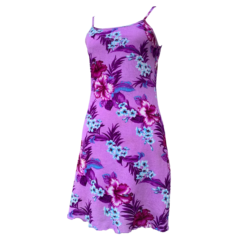 Purple dress with tropical flower pattern