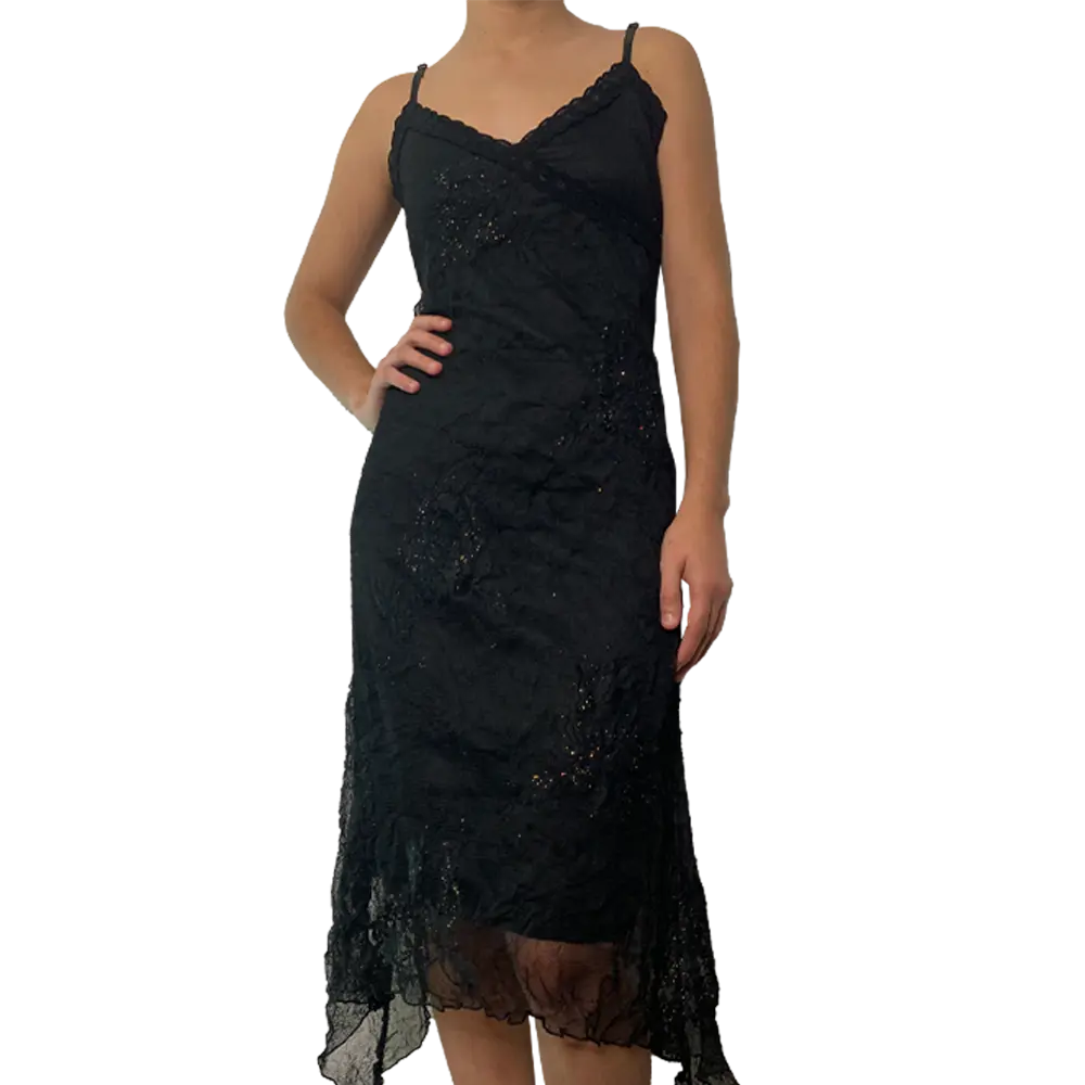 Black asymmetrical sequin dress with vintage Goth flowers - Image 5