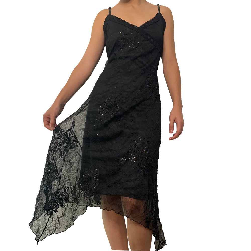 Black asymmetrical sequin dress with vintage Goth flowers - Image 3