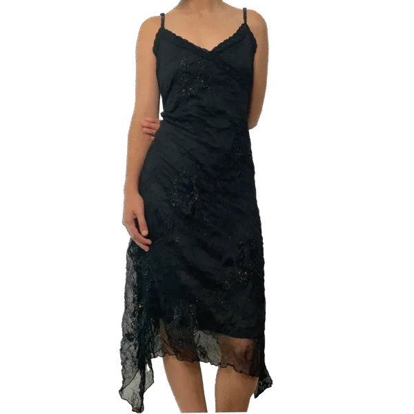 Black asymmetrical sequin dress with vintage Goth flowers