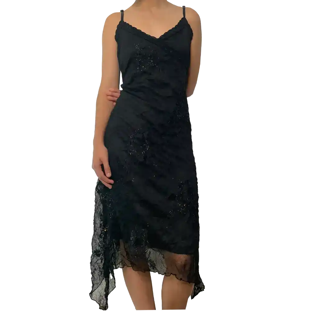 Black asymmetrical sequin dress with vintage Goth flowers