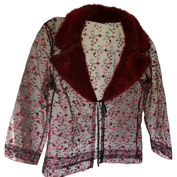 Embroidered tulle cardigan with faux fur collar