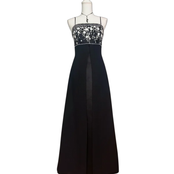 Prom dress Style Empire noir broderies fleuris en perles blanches Goth Vintage années 90