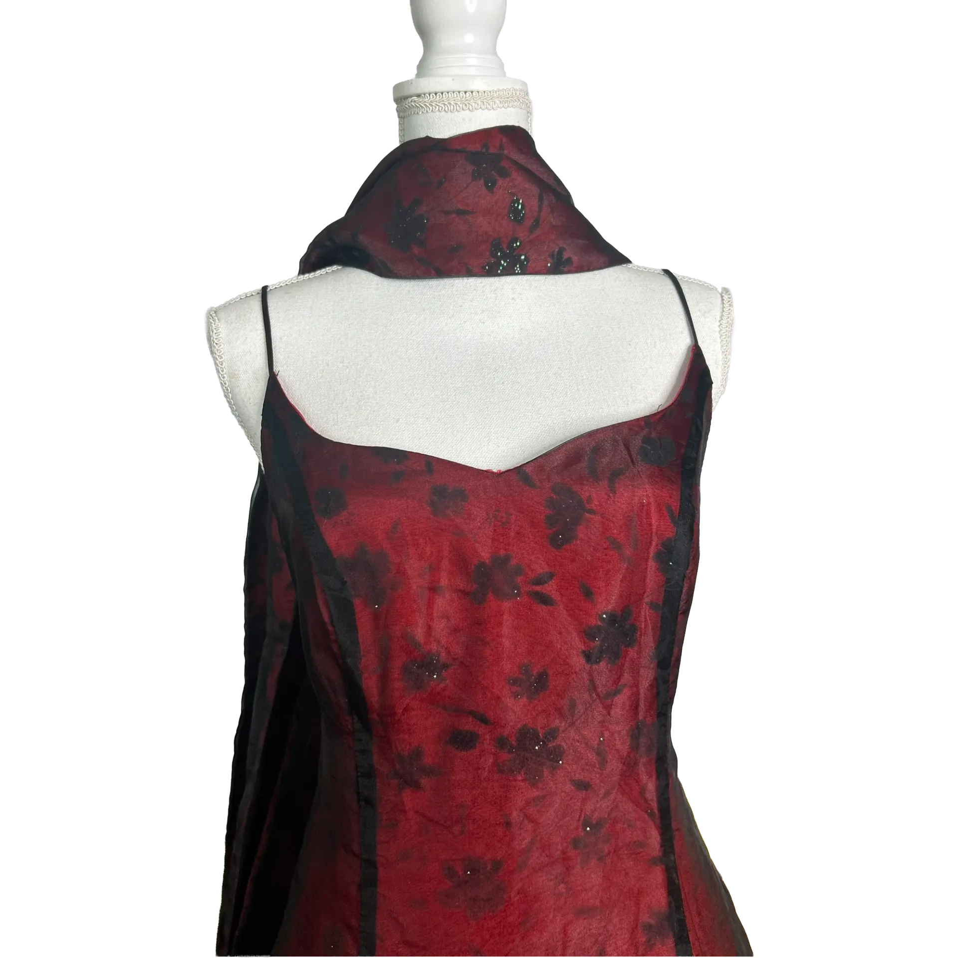 Prom dress Whimsigoth rouge fleuris avec châle assorti vintage années 90 – Image 5