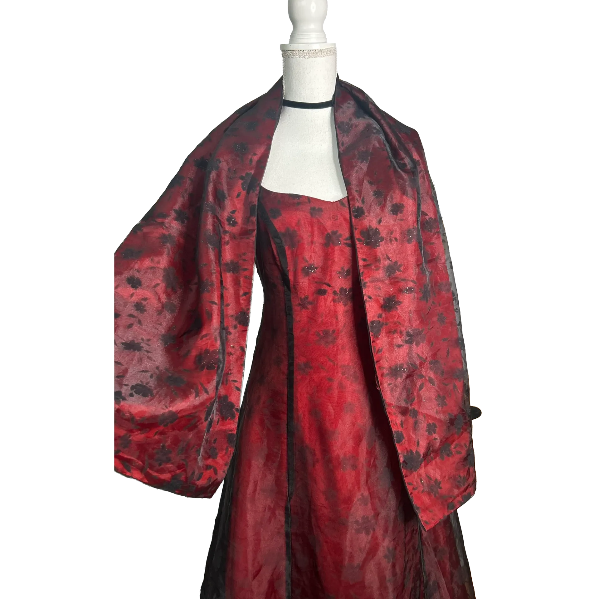 Prom dress Whimsigoth rouge fleuris avec châle assorti vintage années 90 – Image 4