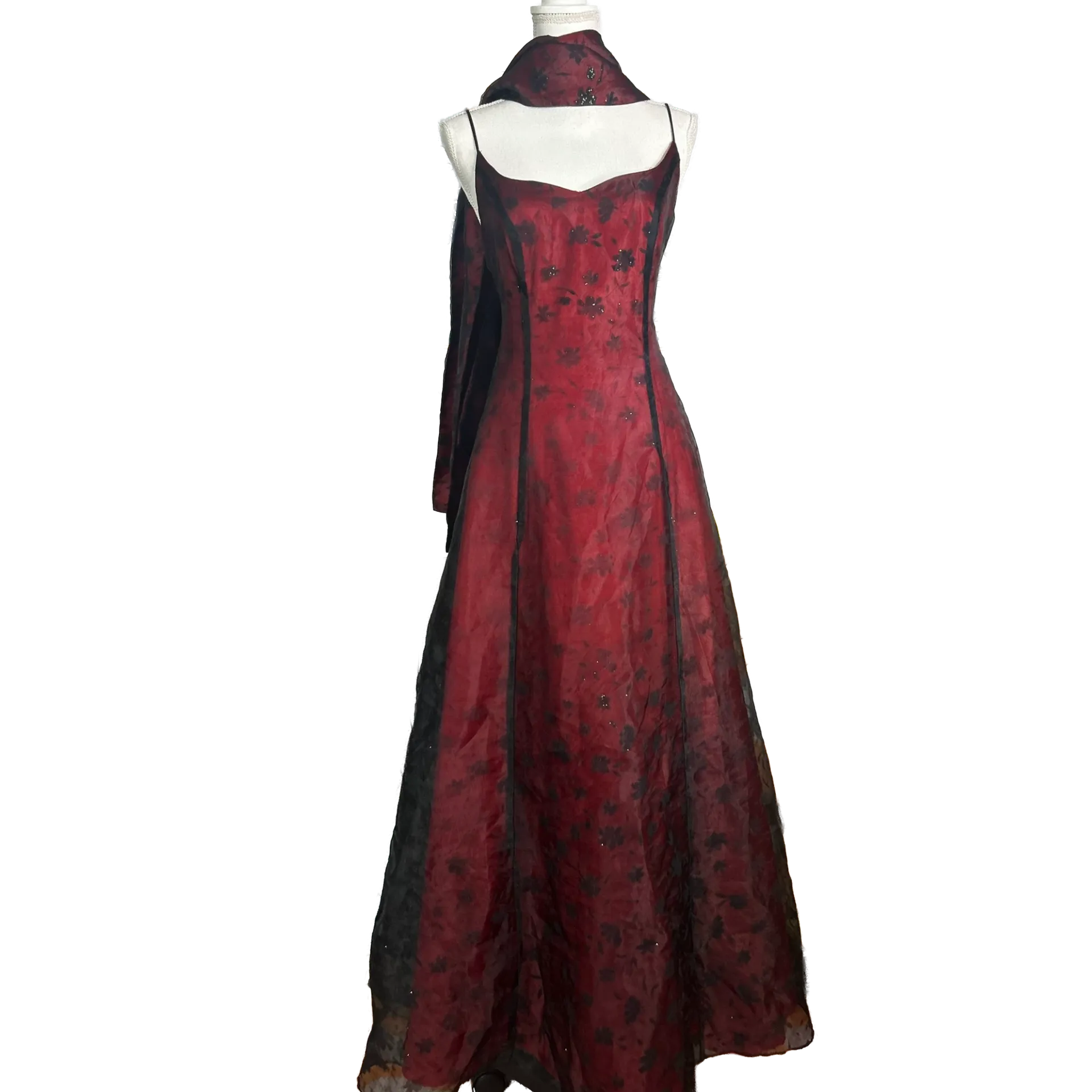 Prom dress Whimsigoth rouge fleuris avec châle assorti vintage années 90 – Image 6